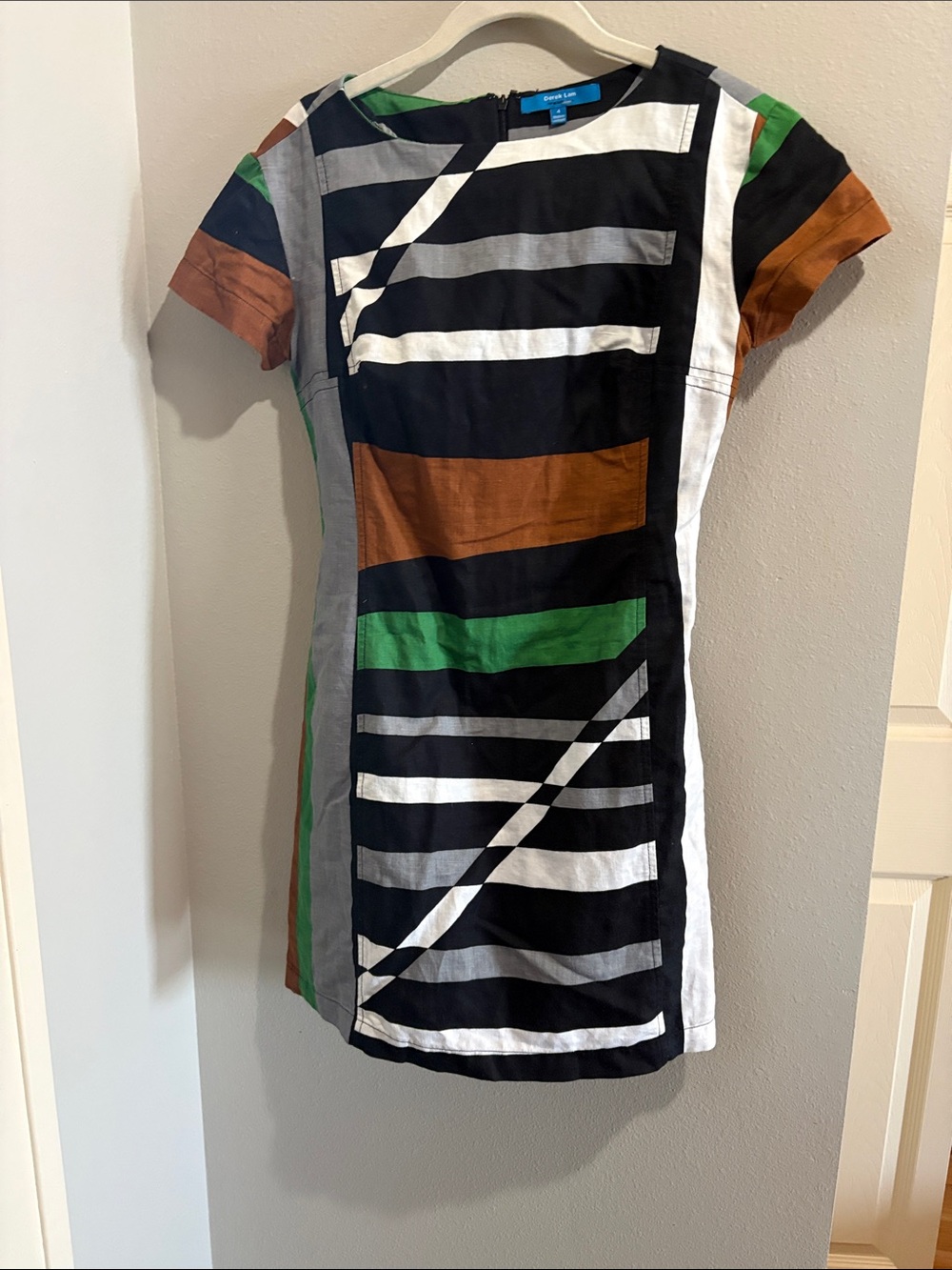 Derek Lam Black Striped Mini Dress with Green & Brown Panels (size 4)